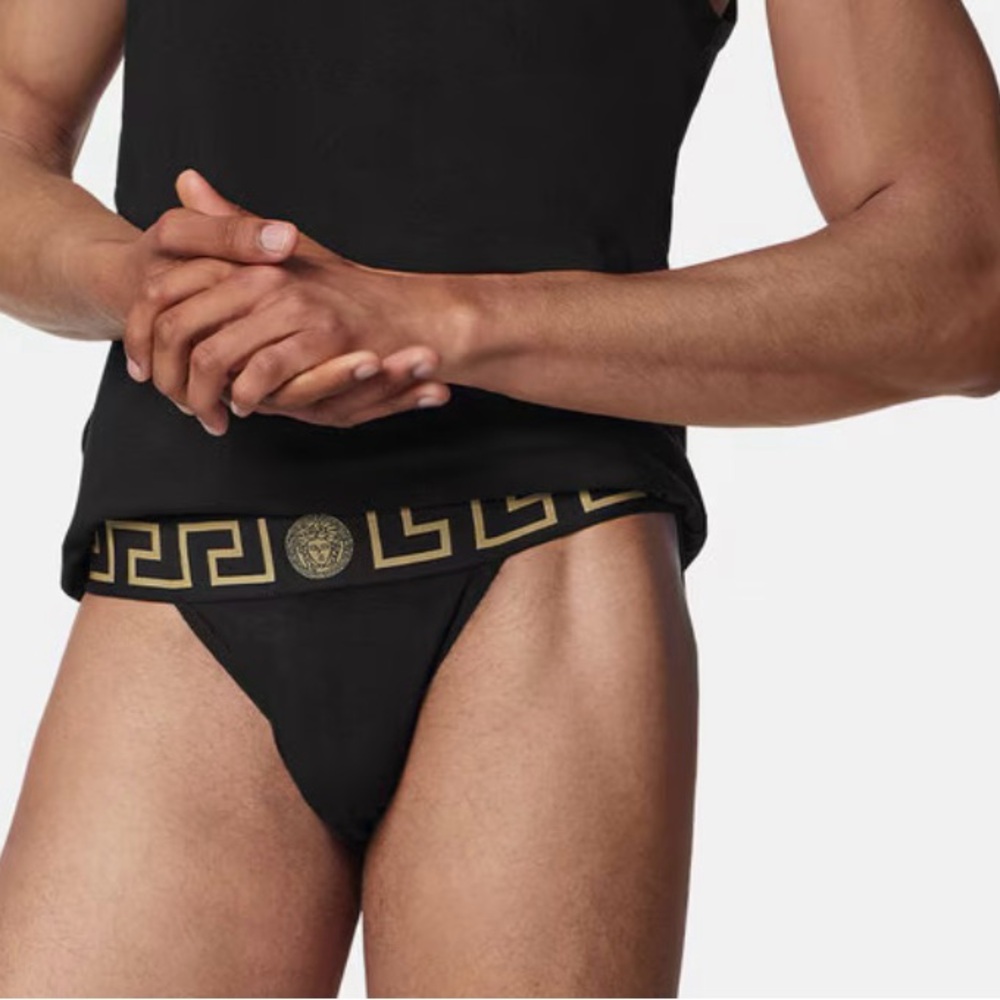 M2-9 VERSACE Men's Greca Jockstrap Underwear Stretch Black/Gold Size 8/38-42/L